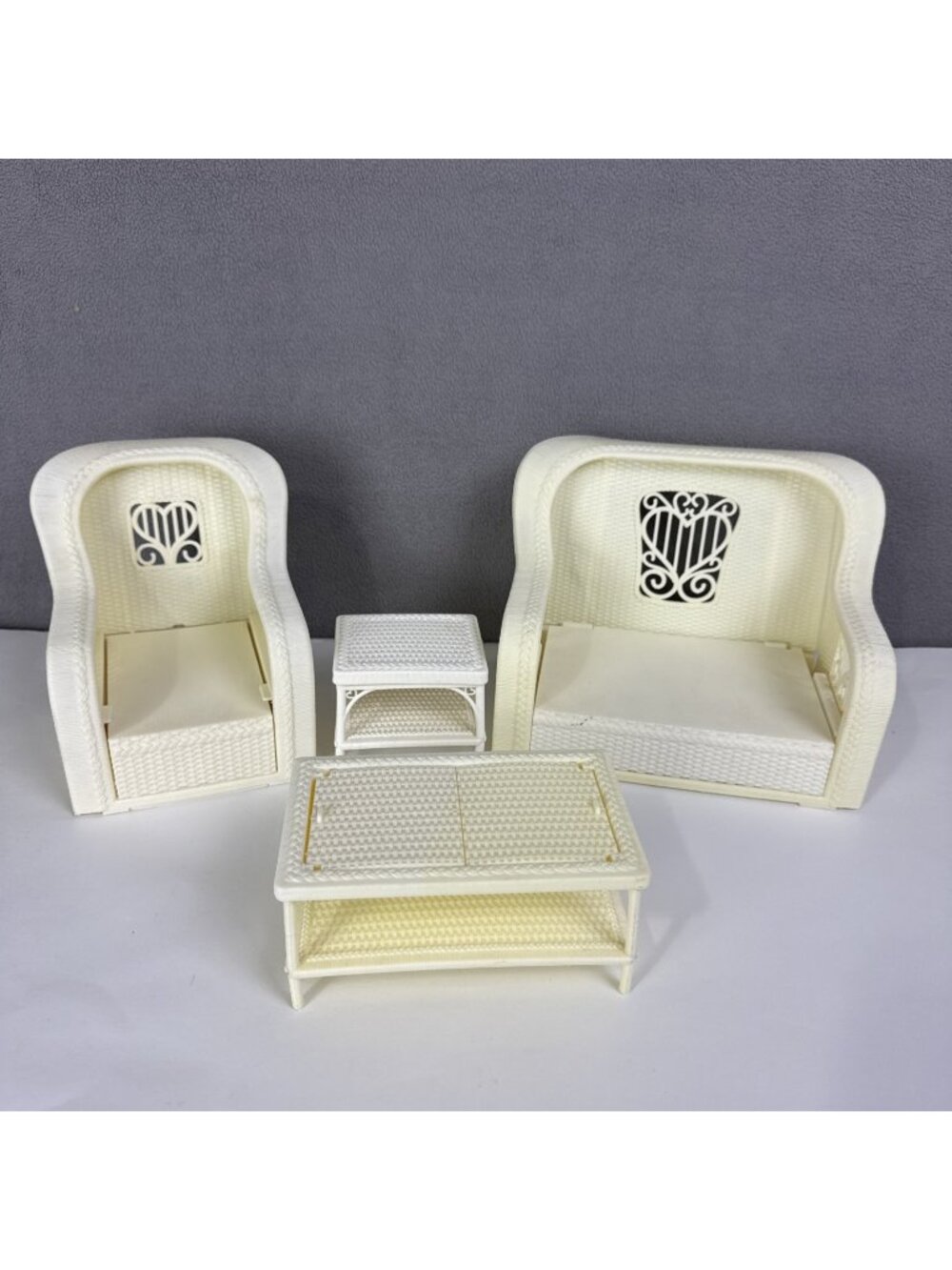 1983 Barbie Wicker Furniture loveseat chair end table coffee table 4pc Set